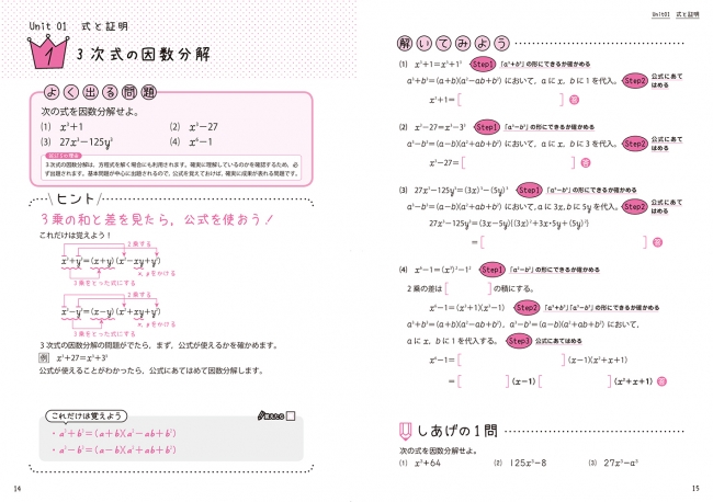 問題は書き込みながら解くことができます。重要な公式も載っているので、スムーズに理解できます。〈画像は「数学Ⅱ・B」のイメージ〉