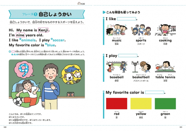 ▲発表フレーズ：小学校でよく学ぶフレーズを自分に置き換えて発表する練習ができるコーナー