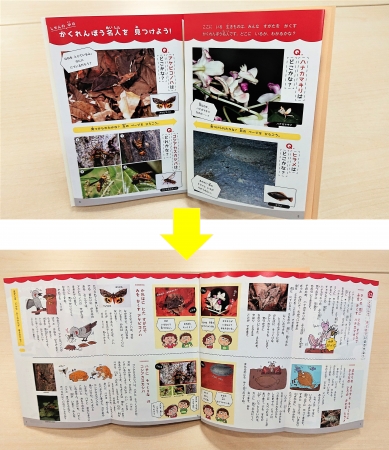 ▲巻頭誌面　観音開き形式で、問題提起⇒情報収集⇒主体的に思考する、アクティブ・ラーニングを取り入れた誌面