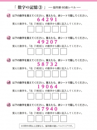 ▲「脳検」の「数字の記憶」問題を誌上で体験。5問中4問正解なら、脳年齢60歳レベルクリアです