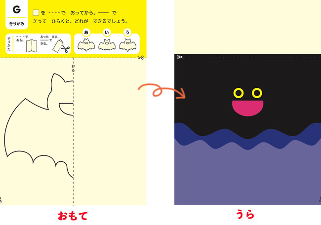 ▲表は折り線と切り線の指示、裏はナゾのイラスト。表の線で切ると作品に仕上がる／「４～６歳むずかしい」より