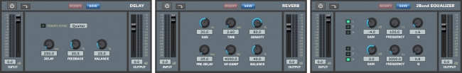 エフェクトパネル（左からDELAY、REVERB、2Band EQ）