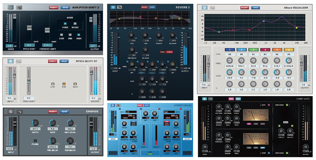 エフェクトパネル（左上段からVOICE CHANGER：ADV.PITCH SHIFT 2 & PITCH SHIFT RT、CHORUS、／中上段からREVERB、STEREO DELAY／右上段から6Band EQUALIZER、COMP GATE）