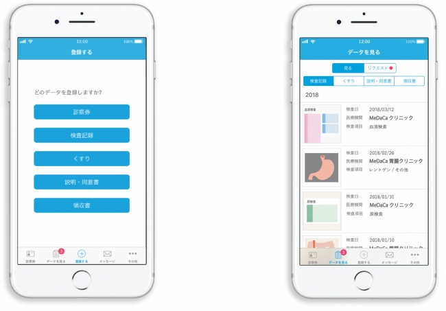 図１MeDaCa®アプリ トップ画面　　　　　　　　　　　　　　図２MeDaCa®アプリ 検査記録一覧画面