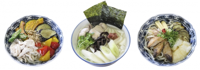 左から「夏野菜のスタミナうどん」、「鶏白湯風うどん」、「彩り竜田のぶっかけうどん」