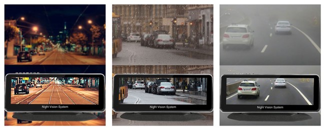 「Lanmodo NVS Vast Pro」の暗視モニターによる視認性、左が夜、中央が雨、右が霧の時