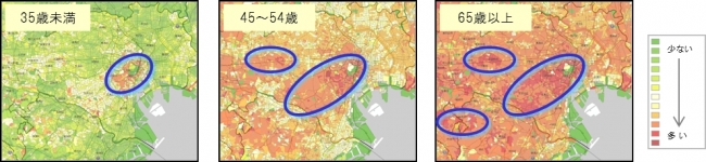 世帯主の年齢階級(例：35歳未満・45～54歳・65歳以上)が上がるにつれ、平均貯蓄額が多いエリアが都市部を中心に広がっていくことがわかります