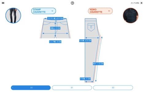 過去の購入商品や採寸した手持ちアイテムとイラストで重ね合わせてサイズを比較