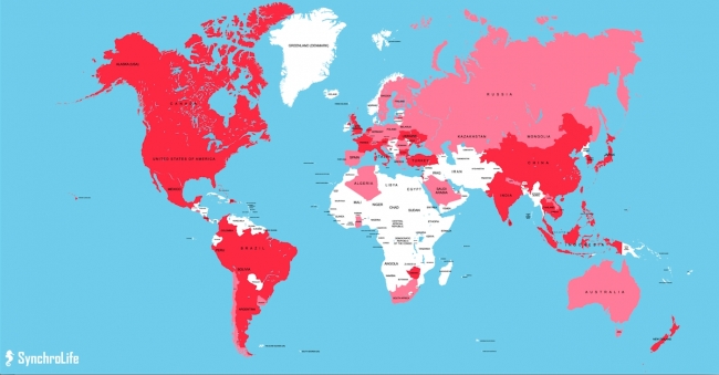 赤：口コミ投稿がある国　ピンク：ユーザー登録がある国