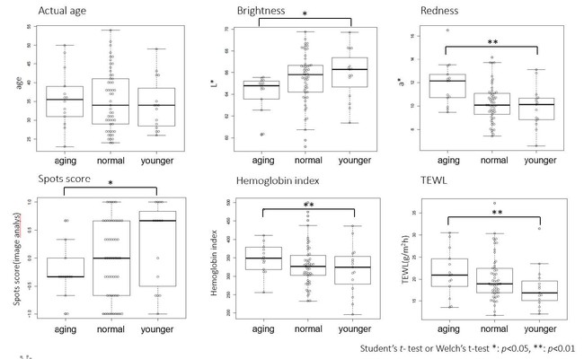 図2　Agingグループ、Normalグループ、Youngerグループ　の皮膚パラメータ