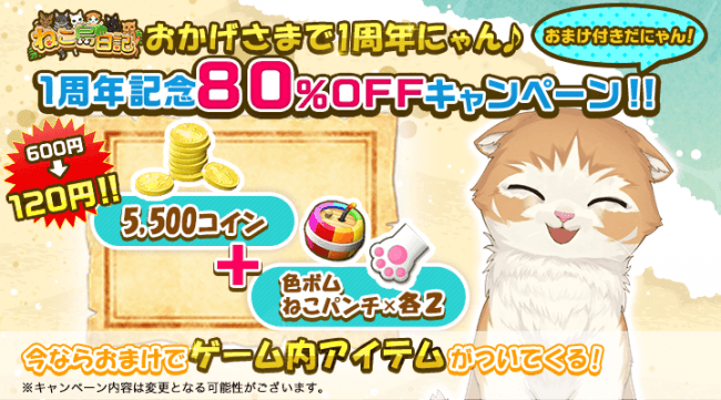 １周年CPN⑦：１周年記念コイン80%OFF＋アイテム付キャンペーン