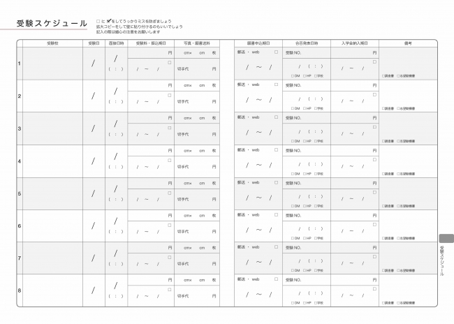 受験料の振り込み、願書申込み、合否発表、入学金納入まで、見開き1ページで8校分が把握でき、うっかりミスを防ぐためのチェック欄も設けています