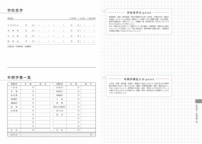 オープンスクール、体育祭、文化祭、説明会、通学の交通手段などのメモ欄があり、年間学費の項目に記入するだけでおおまかな学費を把握できます