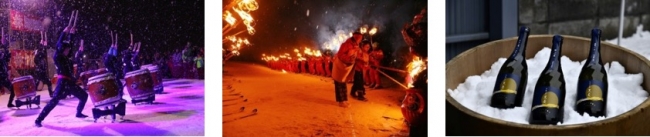 写真左：八方太鼓（八方尾根火祭り）、中：松明滑走（八方尾根火祭り）、右：白馬八方純米吟醸「黒菱」蔵出し解禁イベント