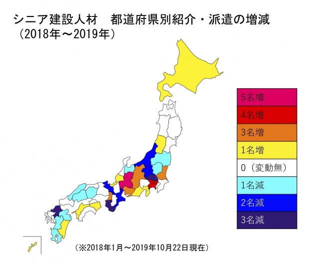 シニアジョブの2018年と2019年を比較したシニア建設人材の都道府県別紹介・派遣の増減。増減幅で色分け。