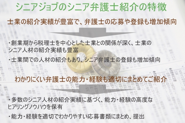 シニアジョブは士業での豊富な人材紹介実績に基づき、シニア弁護士紹介も強力に推進