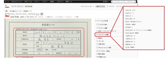 写真：予め帳票のフォーマットを登録しておくことで、上記のように帳票の内容を読み取ることが可能。読み取ったデータはメタデータとしてドキュメントに付与され、「検索」に利用や、他システムへの連携用のデータとして利用可能。