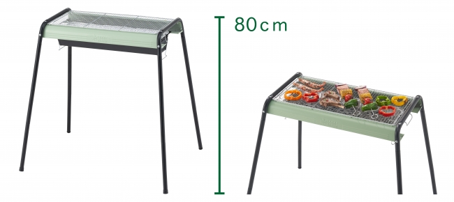 レトロモダンなカラーリングの多機能グリル2種。 調理しやすい高さ約80cmと、ロースタイルBBQに最適な高さ約37cmの2段階調節可能。