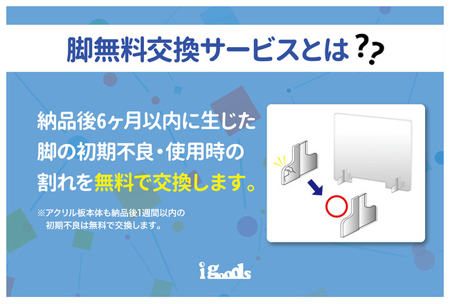 ※アクリル板本体について、使用中の割れや傷については交換の対象外となりますので、ご了承ください。  ※6月22日以降ご納品分に限ります。ご発注数量の最大3割までが対象となります。