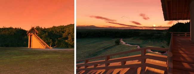 (左)夕暮れの古代出雲大社高層神殿、（右）高層神殿の上から見る夕暮れ 製作・著作：出雲市　制作：凸版印刷株式会社