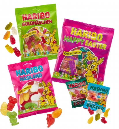 『HARIBO (ハリボー)』グミ　 (左上) ゴールドバニー 200g 370円、 (左下) イースターミックス 200g 370円、(右) ハッピーイースター 250g 620円