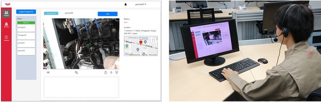 左：遠隔支援のモニターイメージ、右：遠隔技術支援の様子