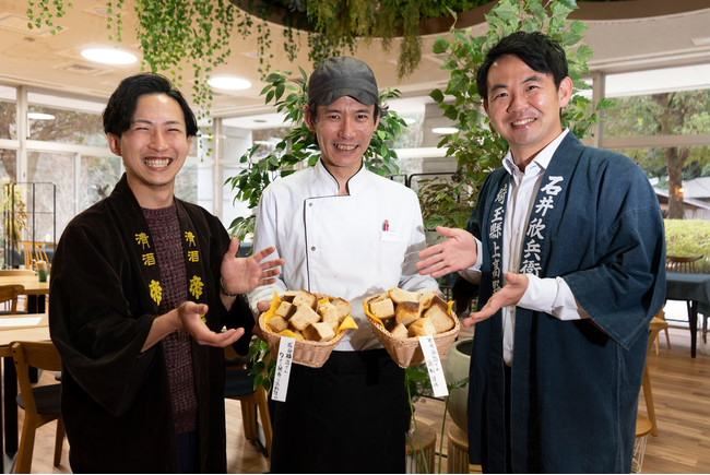 写真左より松岡醸造 次期蔵主 松岡奨氏、O Park OGOSE料理長 長瀨哲大、石井酒造 八代目蔵主 石井誠氏