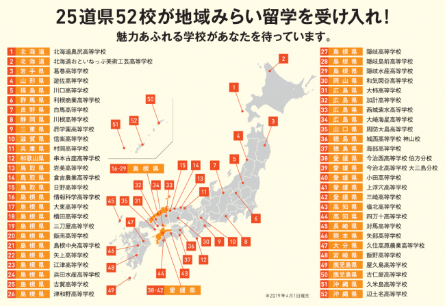 ※上記画像は2019年4月1日時点の情報です。追加で2校が受け入れ先となっております（奈良県立五條高等学校賀名生分校・島根県立大田高等学校）。