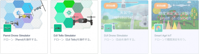 左からParrot mambo、DJI Ryze Tello EDU、Phantom4、業用ドローン