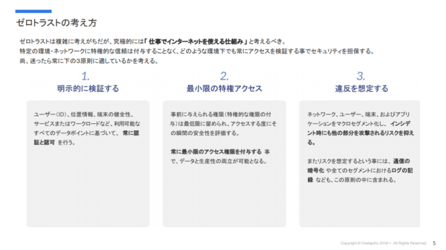 基本となるゼロトラストの３原則から解説しています。はじめてゼロトラストについて耳にした方でも、深く理解出来ます。