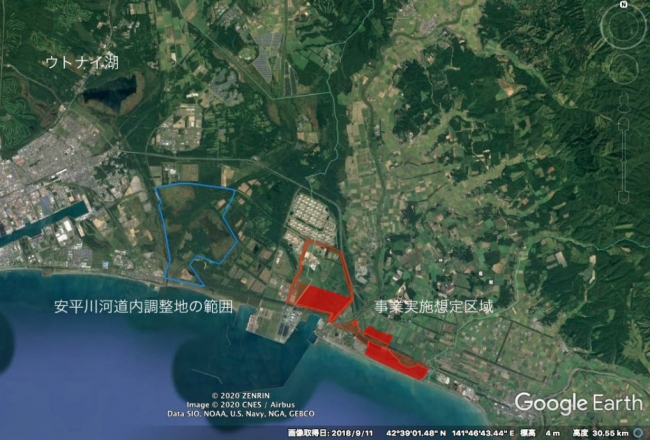 赤で示したエリアが、事業実施想定区域