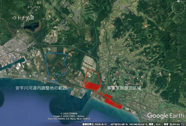 赤で示したエリアが、事業実施想定区域