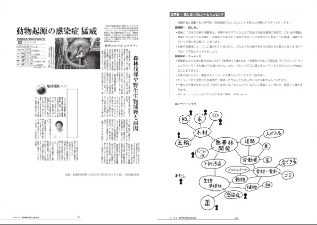 ワーク６「熱帯林開発と感染症」では新聞記事を使いながら、COVID-19についても考えます。