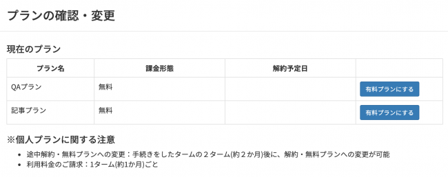 個人プラン有料化画面イメージ