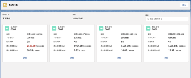 荷量一覧（カード表示）のサンプル画面