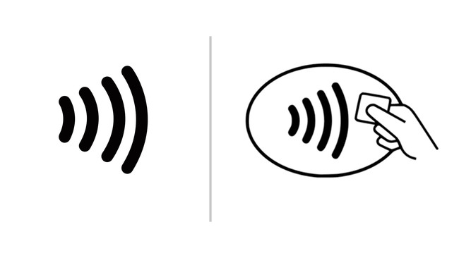 【左】カードに記載のタッチ決済対応マーク 　【右】決済端末に記載のタッチ決済対応マーク