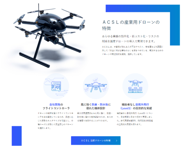 （画像）ＡＣＳＬの国産産業用ドローンの特徴をまとめて掲載しています