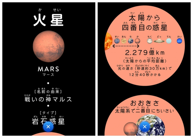 ▲太陽系惑星それぞれの詳しい解説も読めます。名前の由来のほか、太陽から数えて何番目に位置する惑星なのか。また、太陽系での大きさの比較も。