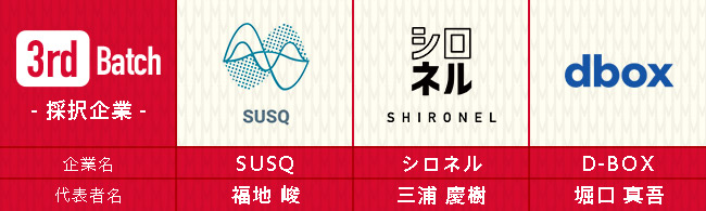 50M｜第3期春バッチ採択企業｜SUSQ、シロネル、D-BOX、