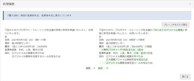 変更箇所の表示イメージ（変更前後の内容を左右に表示し、変更箇所をハイライト）