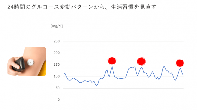 24時間のグルコース変動を、医学論文にもづき解析することで「一生もの」の生活習慣獲得を目指します