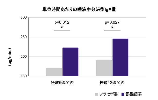 グラフ1：摂取6週間後および12週間後における唾液中の分泌型IgA量（解析対象外の被験者を除いたプラセボ群50名、酢酸菌群45名の平均値）