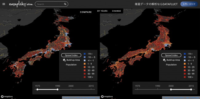 DATAFLUCT aline.　1975年-1990年（左）と2000年-2015年（右）のスプロール進行度の比較