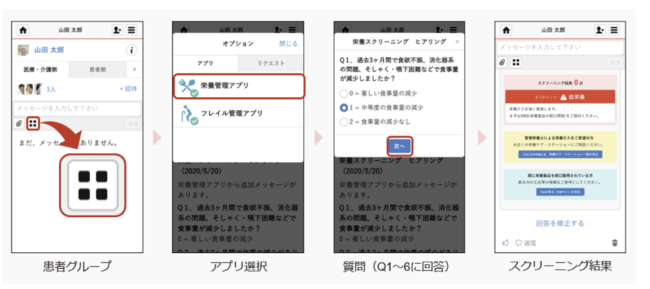 栄養管理アプリ画面（イメージ）。 質問に回答するとタイムライン上に結果が通知される  