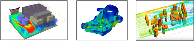 （左から）　ブラケットの強度解析、　電子機器の熱流体解析、　建物周辺の外部流れ解析 