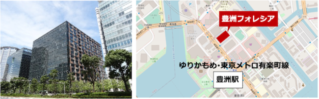 ▲（左から）「豊洲フォレシア」外観、周辺図　©OpenStreetMap contributors