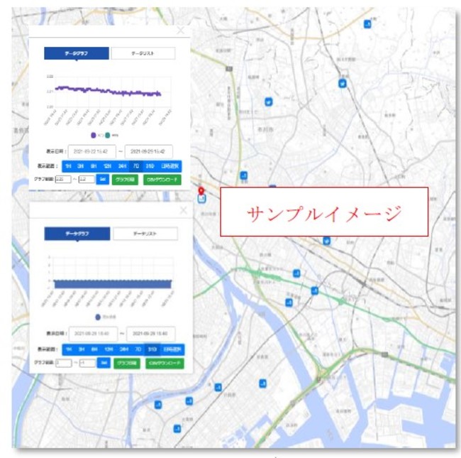 センサモニタリング画面イメージ　背景地図：国土地理院の電子地形図（淡色地図）