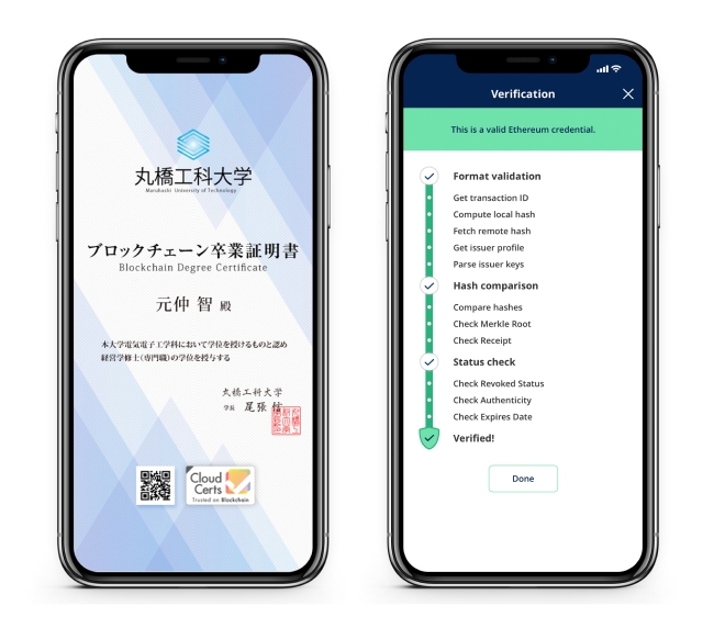 スマホで表示・管理・内容検証が可能なブロックチェーン証明書