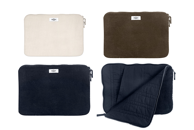 「CORDUROY LAPTOP SLEEVE」（左上から）Stone（11 inch）, Clay（13 inch）（下）Dark Blue（15 inch）