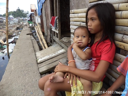 台風30号で家が破壊され、避難先の仮設住宅の外に座る子どもたち。© UNICEF/NYHQ2014-1997/Negosa